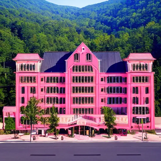 Image similar to Symmetric Wes Anderson film still in the Gatlinburg without people. Establishing shot. Architecture. 8k resolution. Pastel. Sharp. Whimsical. Symmetry. Stunning.