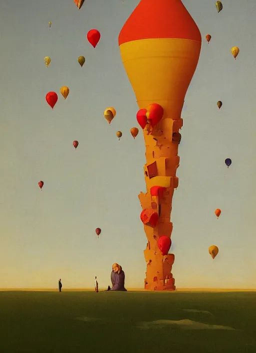 Image similar to tower of babel with birthday baloons Edward Hopper and James Gilleard, Zdzislaw Beksinski highly detailed