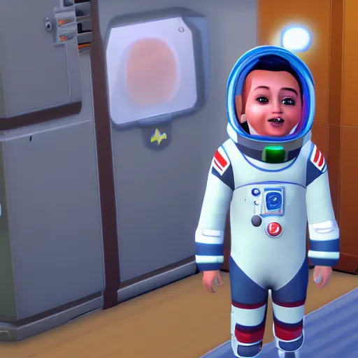 Image similar to a baby astronaut in space, the sims 4