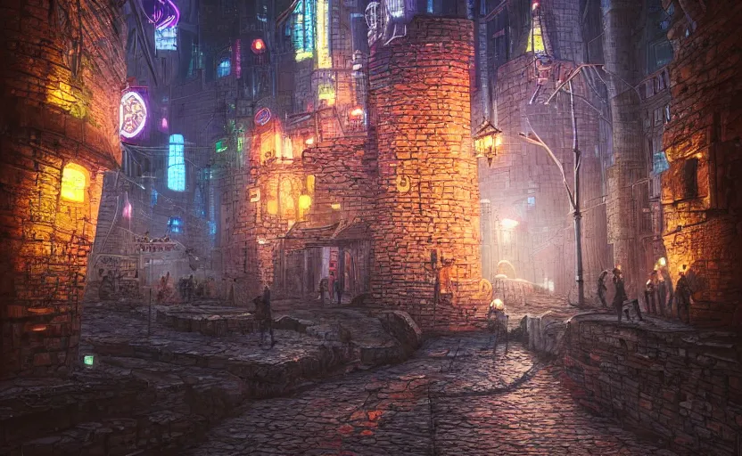 Image similar to a cyberpunk medieval castle, stone brick walls, vincent lefevre, neon lights, fantasy art, sci - fi, pedestrians