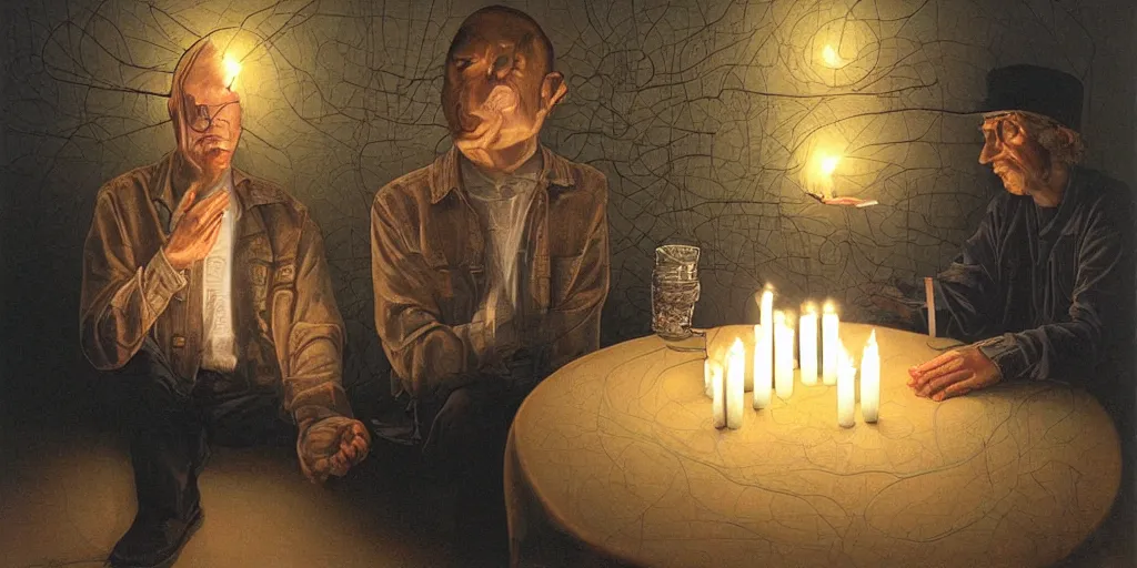 Image similar to two men arguing about neural networks in small room lighted by candles. highly detailed art by trevor brown