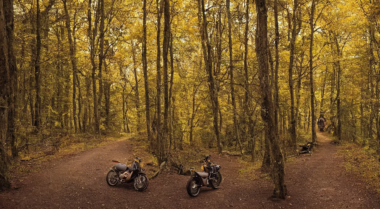 Image similar to A winding dirt path through the autumn forest. Hammock, Fireside, Motorcycle, Stars. Jakub Rozalski. A portrait photo, anime face by the fireside. a monk in a tan trenchcoat with an anime face sitting next to his motorbike in a dark forest by the fireside on the top of a mountain looking out over a far-reaching landscape full of beauty, trees, ocean, wildlife. Atmospheric, Kodak, fuji film, HGTV, 12k ursa, cinematic. atmospheric, hyper realistic, 8k, epic composition, cinematic, octane render, artstation landscape vista photography by Carr Clifton & Galen Rowell, 16K resolution, Landscape veduta photo by Dustin Lefevre & tdraw, 8k resolution, detailed landscape painting by Ivan Shishkin, DeviantArt, Flickr, rendered in Enscape, Miyazaki, Nausicaa Ghibli, Breath of The Wild, 4k detailed post processing, artstation, rendering by octane, unreal engine