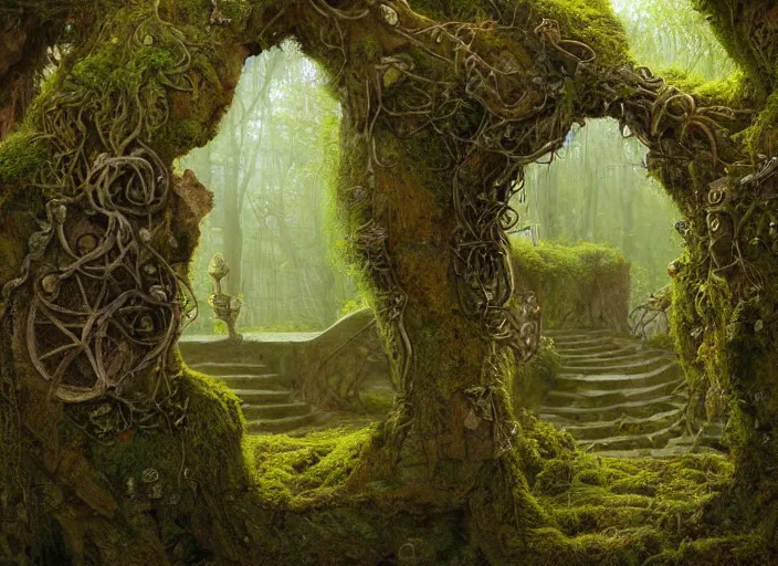 Image similar to jim henson's labyrinth. two doors. a carved stone overgrown with moss. an old door made of wood and rusty metal. by edgar maxence and caravaggio and michael whelan and delacroix style, artistic, intricate painting, cinematic lighting, hyper realistic, extremely detailed, 8 k resolution, establishing shot, dramatic lighting