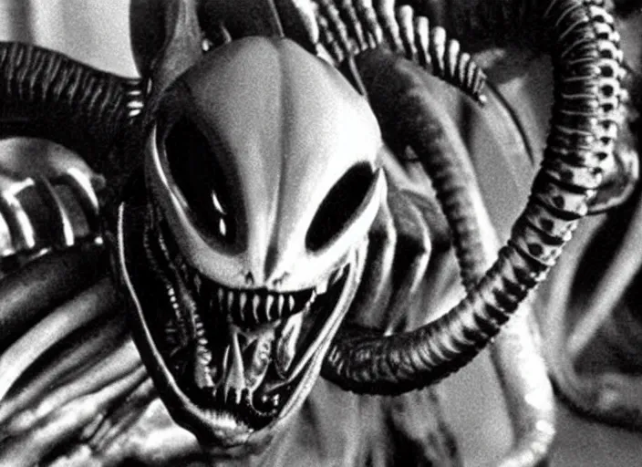 Prompt: Xenomorph in a still from the movie Destroy All Monsters (1968), high quality