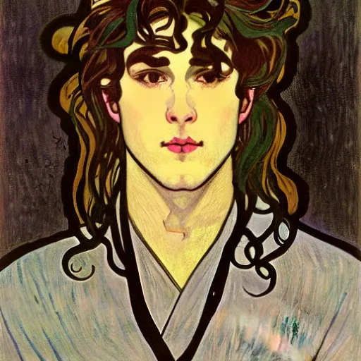 Prompt: painting of young cute handsome beautiful dark medium wavy hair man in his 2 0 s named shadow taehyung at the halloween matcha party, somber, depressed, melancholy, sad, elegant, clear, painting, stylized, delicate, soft facial features, delicate facial features, soft art, art by alphonse mucha, vincent van gogh, egon schiele