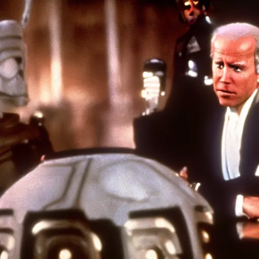 Prompt: a tv still of joe biden starring in return of the jedi (1983)