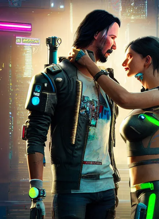 Prompt: a highly detailed photorealistic cyberpunk 2077 couple portrait of a Keanu Reeves as johnny silverhand and a female android in final kiss with lots of electric cable behind them connected to giant computer,couple pose,love,fantasy, intricate, elegant,by Alex Horley and Greg Rutkowski,artstation,deviantart,FAN ART,Unreal Engine,Digital painting,face enhance,8K,golden ratio,cinematic lighting