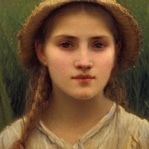 Image similar to a detailed, intricate oil painting close - up portrait of a ukrainian peasant girl in a field of grain, by william adolphe bougereau