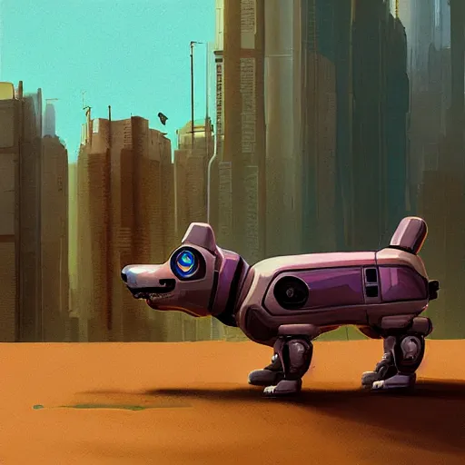 Image similar to a cyberpunk corgi robot, digital painting by simon stalenhag