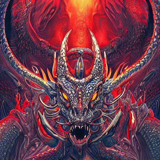 Image similar to dragon, demon, satan, red eyes, chain, handcuffs, wide open mouth, scream, cruelty, light effect, hyper detailed, intricate, elegant, highly detailed, digital painting, artstation, concept art, matte, sharp focus, illustration, by dan mumford, yusuke murata, makoto shinkai, ross tran