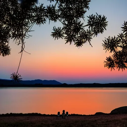 Image similar to lovebird watching fireworks show at a lake, reflective, sunset, landscape photography, nature, stones