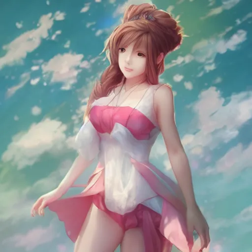 Image similar to full body shot of aerith gainsborough by WLOP, rossdraws, Logan Cure, Mingchen Shen, BangkuART, sakimichan, yan gisuka, JeonSeok Lee, zeronis, Chengwei Pan on artstation