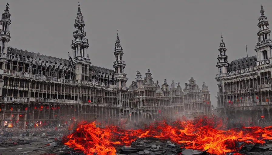 Image similar to destroyed grand place, brussels with fire and debris, grey sky, hyperdetailed, artstation, cgsociety, 8 k