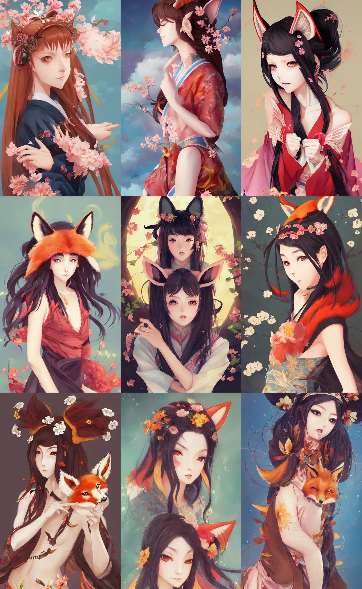 Prompt: A beautiful anime-style digital painting of a beautiful young woman with fox ears and nine fox tails wearing a kimono, by Stanley Artgerm Lau, WLOP, Rossdraws, LeraPi, and Sakimichan, tranding on artstation, SFW version