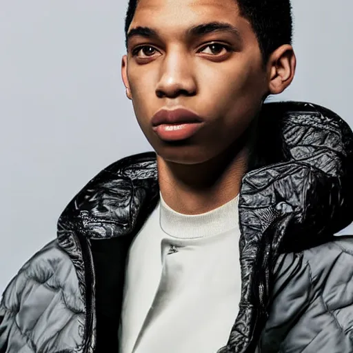 Image similar to realistic photoshooting for a new balenciaga lookbook color film photography close up portrait of a beautiful woman model, model wears a puffer jacket, photo in style of tyler mitchell, ssense