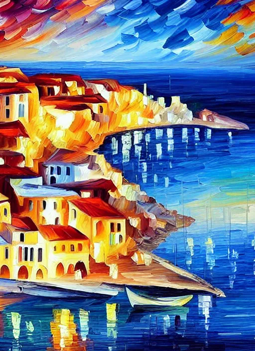 Image similar to beautiful seaside greek village in the style of leonid afremov