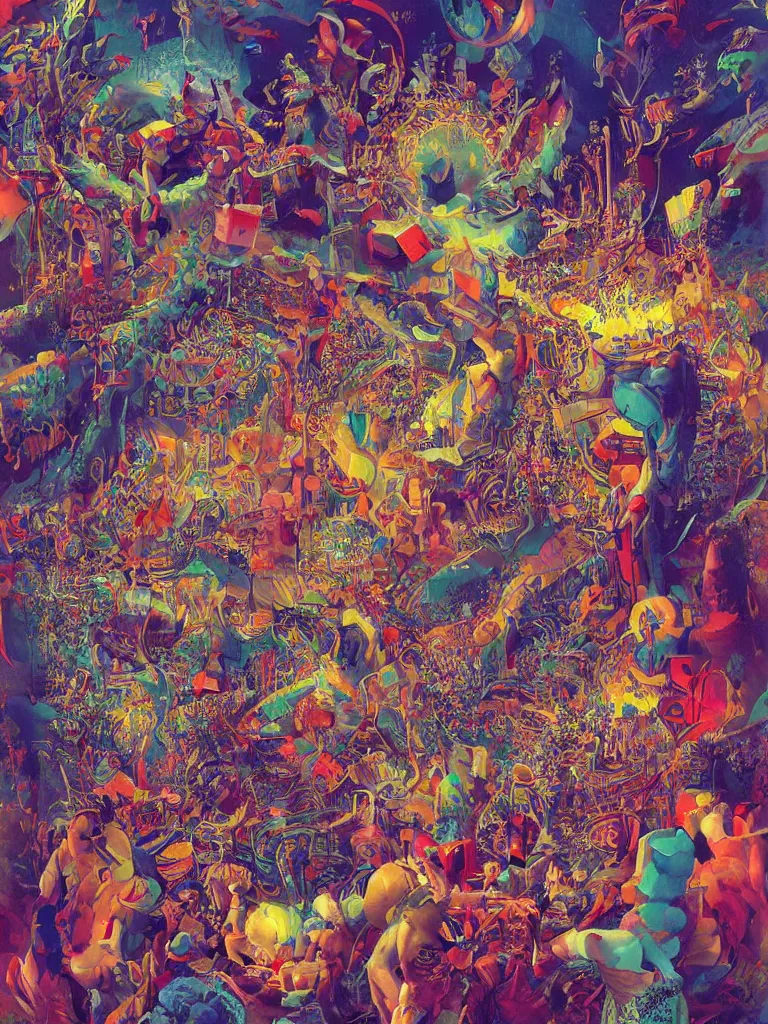 Image similar to a beautiful painting of a glitched explosion of primitive shapes in a monster carnival by oliver vernon and jonas burgert, trending on pinterest, fallas party figures