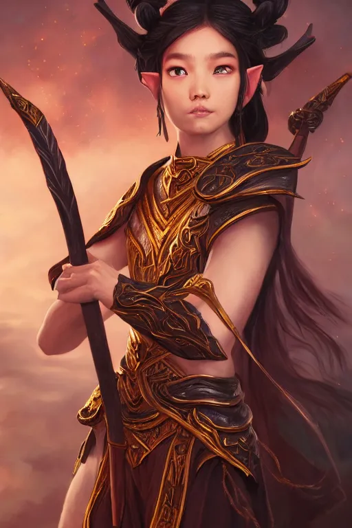 Image similar to a masterpiece portrait of nezha, young elf prince holding spear, flame everywhere, epic pose, fantasy character portrait, closeup shot, hyper detailed, digital painting, 8 k realistic, trending on artstation, sharp focus, dof, by fenghua zhong, artgerm, ne zha from smite, jeff easley, raymond swanland