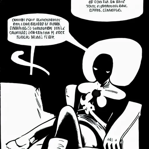 Image similar to comic-book panel of a woman laying back on a chaise lounge with cigarette in her hand while Rorschach from Watchmen asks her psychological questions