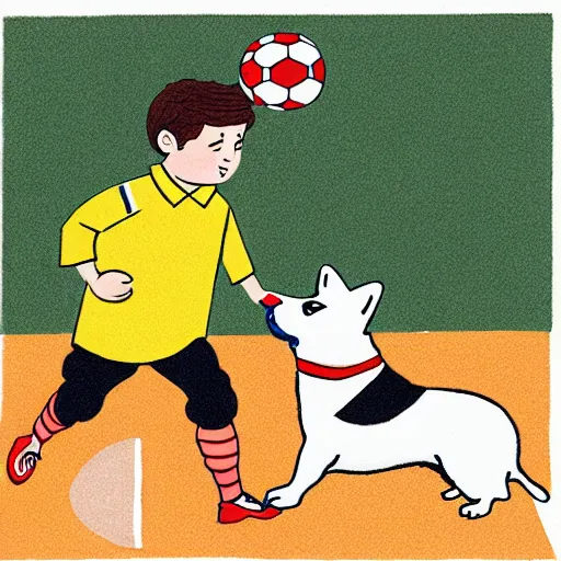 Image similar to illustration of french boy in paris playing football against a corgi who is wearing a polka dot scarf