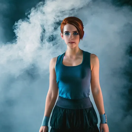 Image similar to Misty from Pokemon cosplay by Emma Watson, 8k, professional photography, cinematic studio shot, dark, smoke