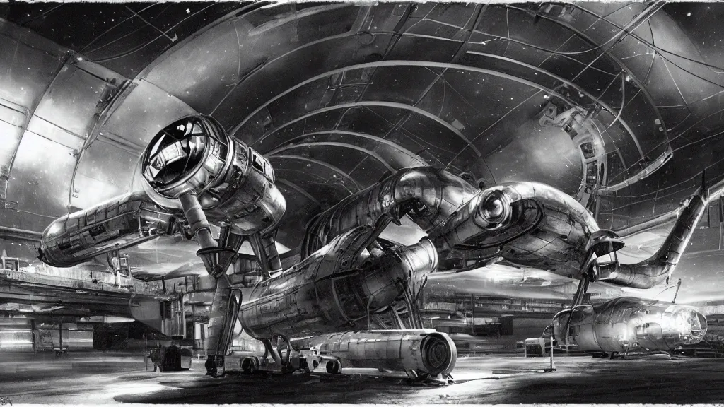 Prompt: a film still of a 1 9 5 0's mechanic anime girl repairing ufo in big hangar inside spaceship, surreal photography, dramatic light, by wally wood, sharp focus, finely detailed features, full body mid shot, perfect art, trending on pixiv fanbox, painted by gaston bussiere, ma