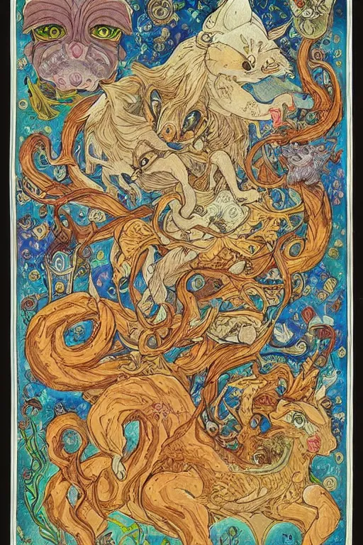 Image similar to intricate and detailed persian miniature of mythical creatures in the style of studio ghibli