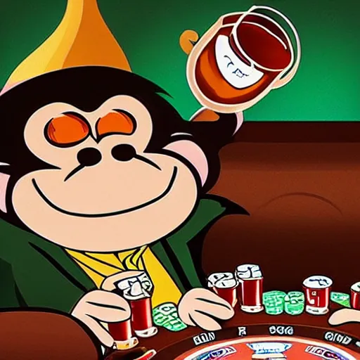 Prompt: Monkey drinking beer playing poker in the style of Disney,