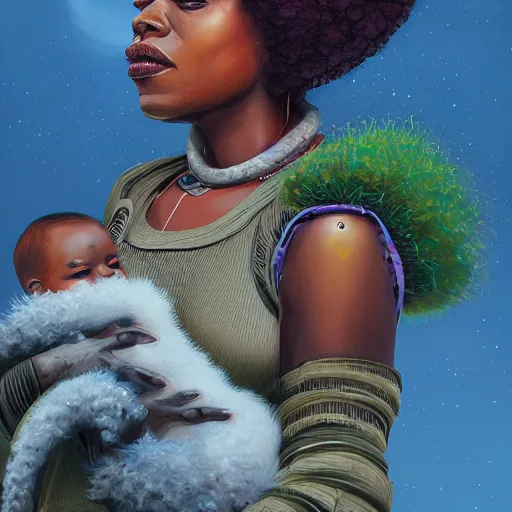 Prompt: An afrofuturistic painting of Donda West holding a baby lamb, side profile, intricate details, afrofuturism, 8K concept art, spiritual, Simon Stalenhag, digital art