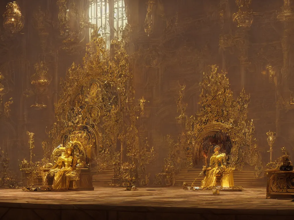 Prompt: scene of throne room where a computer mouse becomes the king of ordinary mice and puts on the crown, highly detailed, sharp focus, cinematic lighting, unreal engine 5, by jeff koons, hajime soryama, boris vallejo, artgerm, greg rutkowski, alphonse mucha