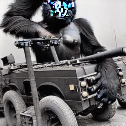 Prompt: A gorilla manning the machine gun mounted on the back of a technical