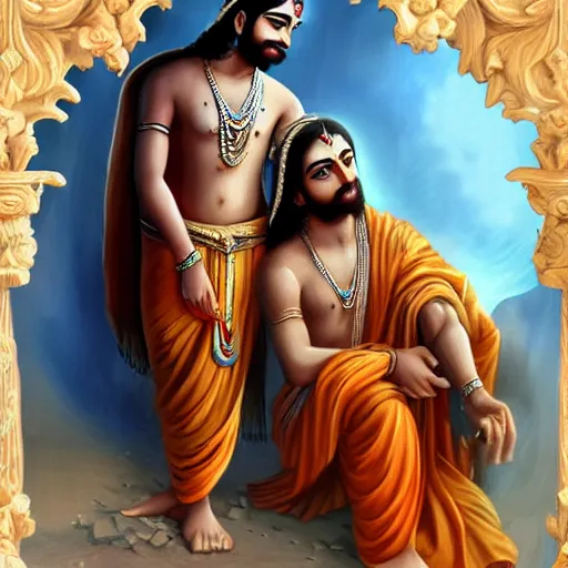 Prompt: Krishna and Jesus, digital art, artstation, award winning, realism, very detailed, masterpiece