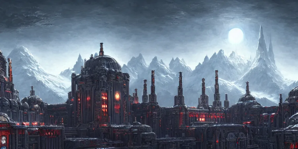 Image similar to a beautiful highly detailed matte painting of a huge imperial Russian futuristic brutalist palace, snow capped mountains in the background, black domes and radio spires with blinking lights, Space Hulk, WarHammer 40k by Jose Daniel Cabrera Pena and Leonid Kozienko, concept art-H 640