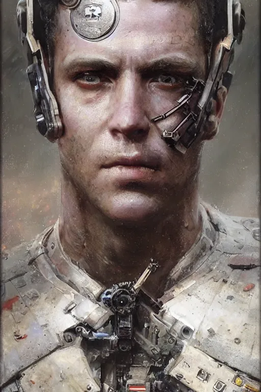 Prompt: a world war 3 cyberpunk pilot, upper body, highly detailed, intricate, sharp details, dystopian mood, sci-fi character portrait by gaston bussiere, craig mullins, inspired by graphic novel cover art