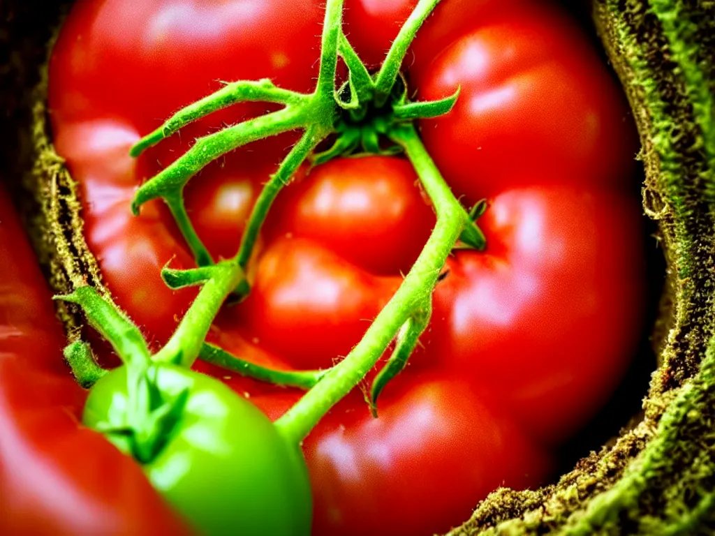 Image similar to a perfect portrait of a cross section of a tomato with tiny humans burrowing wormlike through its juicy interior. macro extreme, eye popping wet colours.