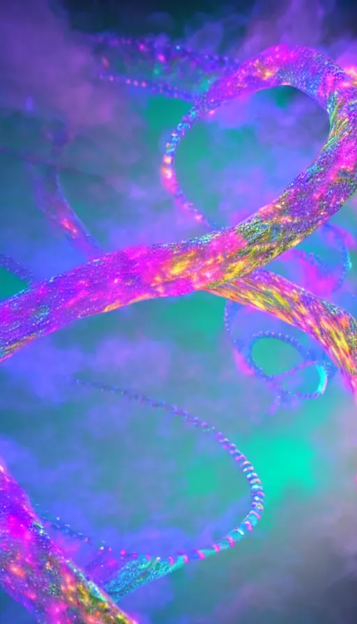 Prompt: 8 k uhd houdini recursive dna structure, background radiant swirling smoke wisps, dreamy colors, magical volumetric lighting, 1 8 mm lens