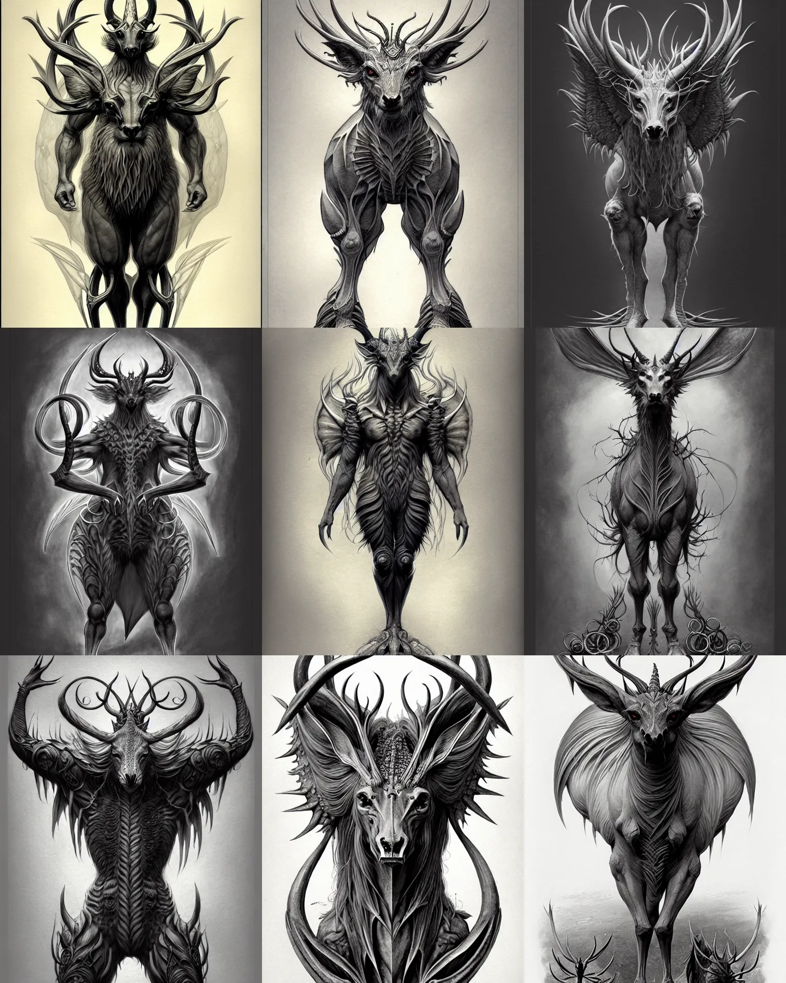 Prompt: a incredible symmetrical concept design, a full body portrait of a mythical creature by jean - baptiste monge, concept design, page scan of concept art, illustration, symmetry, desaturated, 8 k matte, concept art, detailed