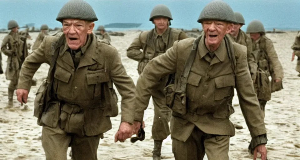 Prompt: Film still of Ian McKellan as a soldier storming beaches of Normandy in Saving Private Ryan