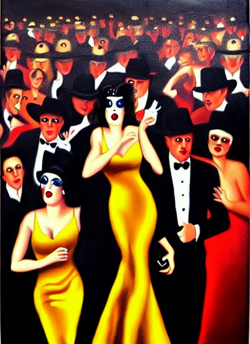 Image similar to film noir disco, crowds of people, she arrived in a golden dress oil painting