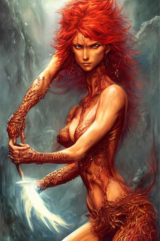 Image similar to portrait of a lithe stunningly beautiful red headed ifrit genie - kin paladin, female, upper body, fantasy, intricate, elegant, highly detailed, digital painting, artstation, concept art, sharp focus, illustration, art by luis royo, wayne barlowe, kirsi salonen, asya yoranova and alan lee