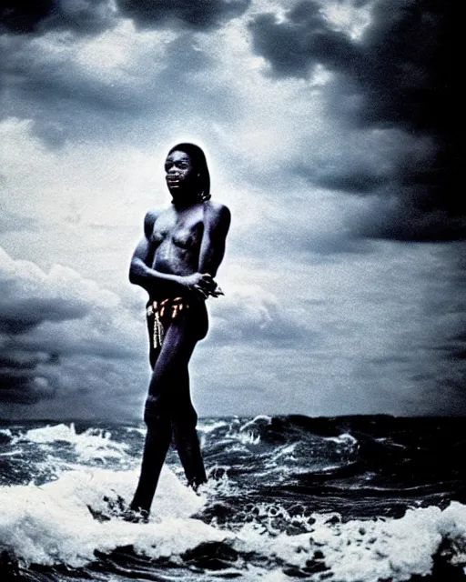 Image similar to Fela Kuti wading in a deep ocean waves, under a stormy sky, c1976, photography by Annie Liebowitz