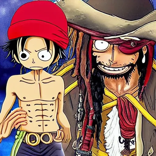 Prompt: Monkey D Luffy with Captain Jack Sparrow's outfit