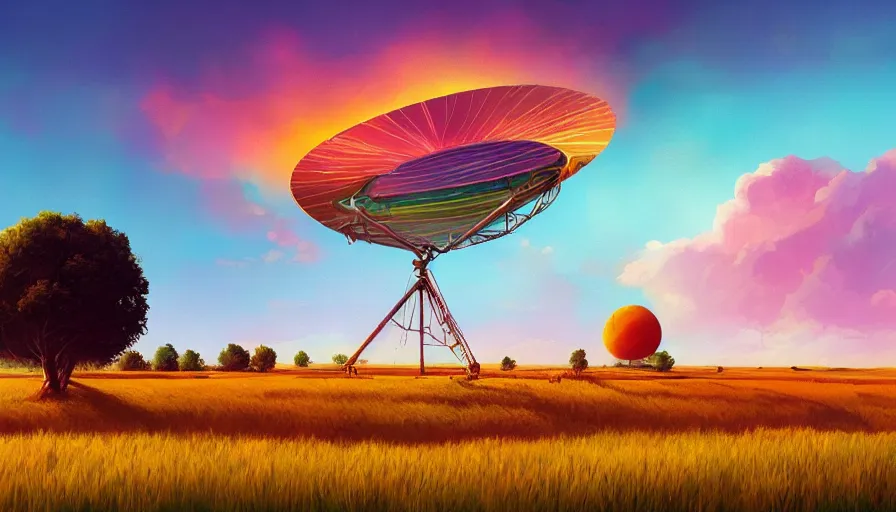 Image similar to sun in the colourful sky, wheat field, radio telescope, big trees, matte painting, art station, digital art, simon stalenhag