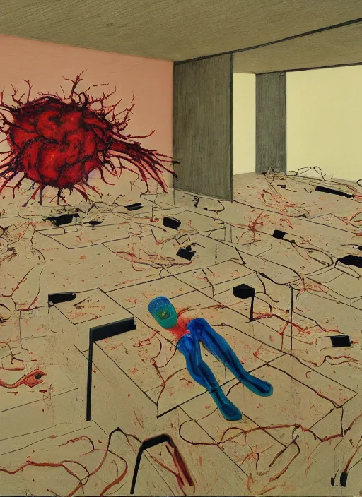 Prompt: a teratoma exploding in the middle of a museum room realizing that he has consciousness painted by hockney