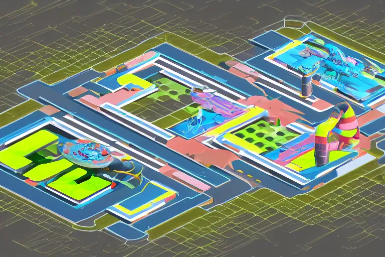 Prompt: isometric view of a futuristic high - tech sky arena inspired by modern skate parks and modern chinese playgrounds in the style of splatoon, day