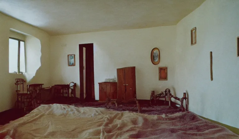 Image similar to A bedroom designed by Leonora Carrington, 35mm film, long shot