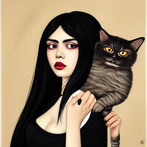 Prompt: a painting of an emo mexican woman with long dark hair thick eyebrows dark eyes and dark circles wide nose big eyes oval face shape big cheeks holding her cat, photorealistic painting by tran nguyen and ilya kuvshinov, featured on deviantart, gothic art, goth, gothic, detailed painting