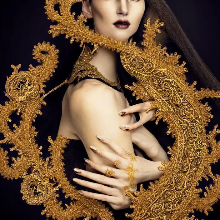 Prompt: photo portrait of a beautiful woman like a queen-dark -angel, dressed in long elegant intricate ornamental gold dress, intricate fractal ornament in the ,upper side of breast, bust with a very long neck , elegant, highly detailed intricate baroque ornament in her blond long hair, Realistic, Refined, Highly Detailed, Cinematic outdoor Lighting, fine art photography by Flora Borsi, volumetric lighting, natural colors scheme , hyper realistic photography