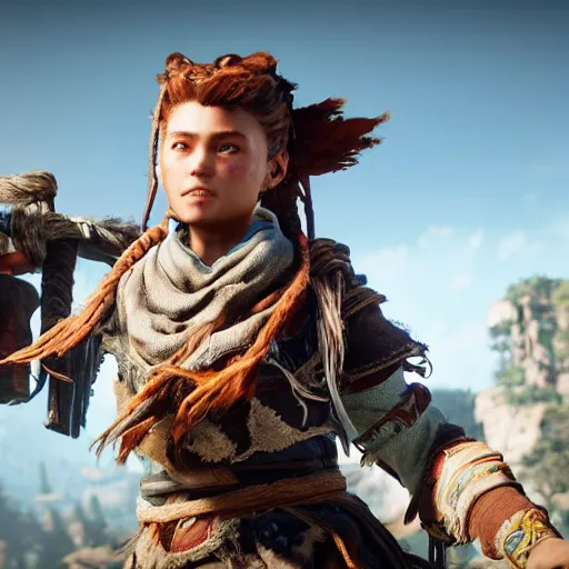 Prompt: a beautiful photo of aloy in horizon forbidden west