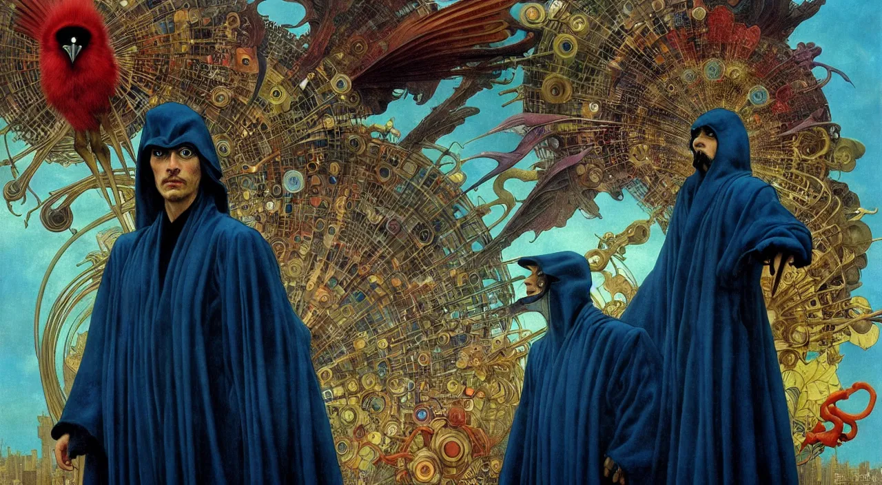 Image similar to realistic detailed portrait movie shot of a birdman wearing dark robes, sci fi city landscape background by denis villeneuve, amano, yves tanguy, alphonse mucha, ernst haeckel, max ernst, roger dean, masterpiece, rich moody colours, blue eyes, occult